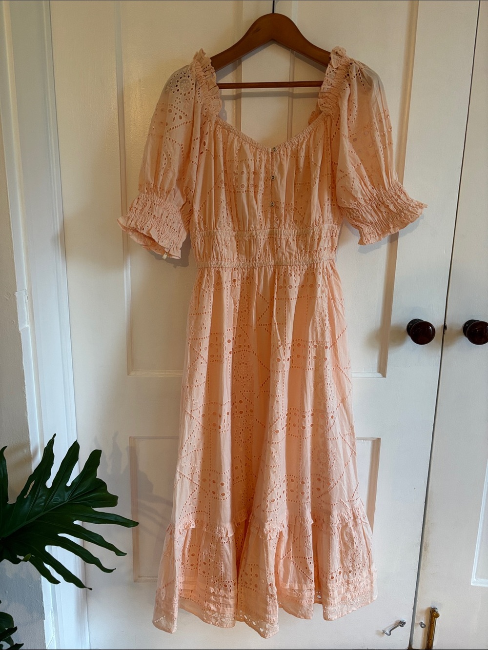 Cleobella Peach Eyelet Puff-Sleeve Midi Dress